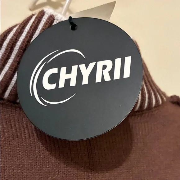 NWT Brown Sweater with white Striped Collar Felled Seams Oversized Medium - Picture 2 of 8